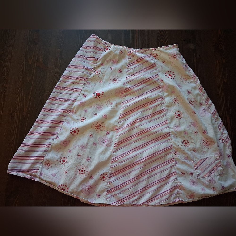 Floral and Striped White, Pink And Red Midi Skirt